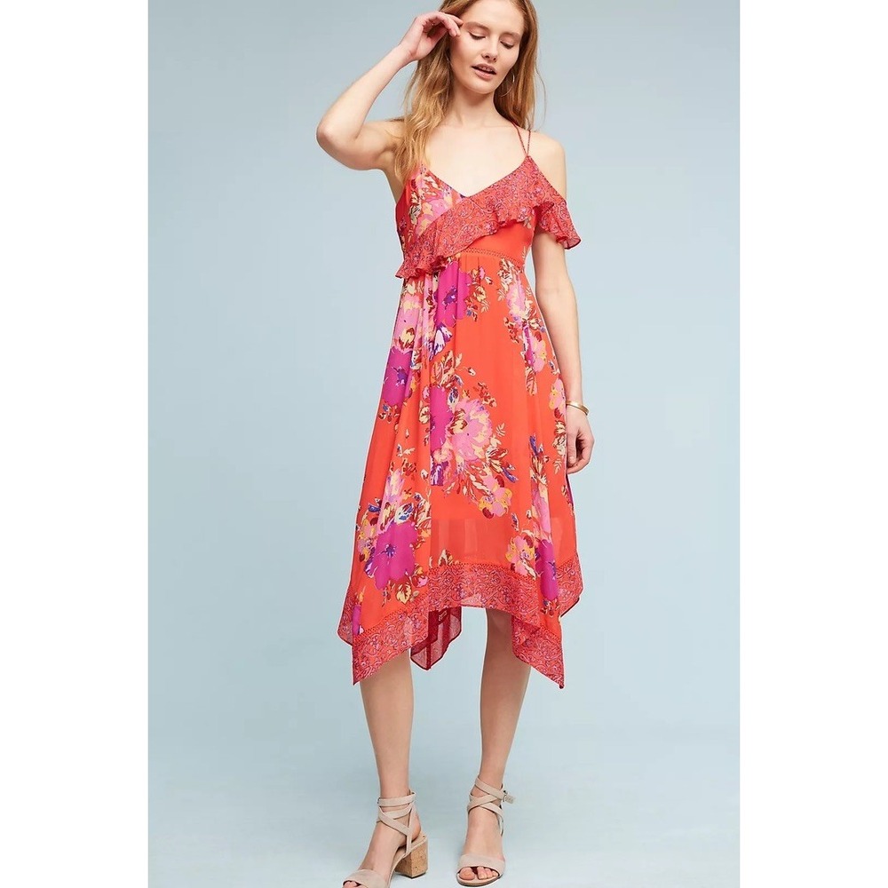 Anthropologie Maeve Red Pink Floral Grecia Handkerchief Dress